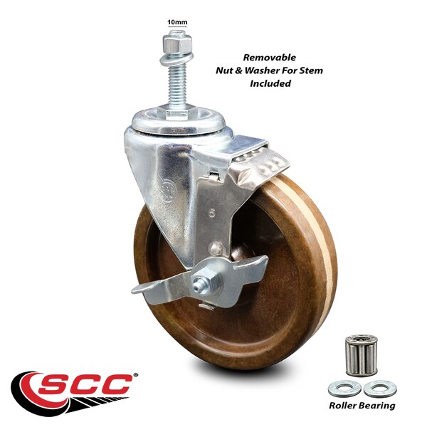 5 Inch High Temp Phenolic Wheel Swivel 10mm Threaded Stem Caster with Brake